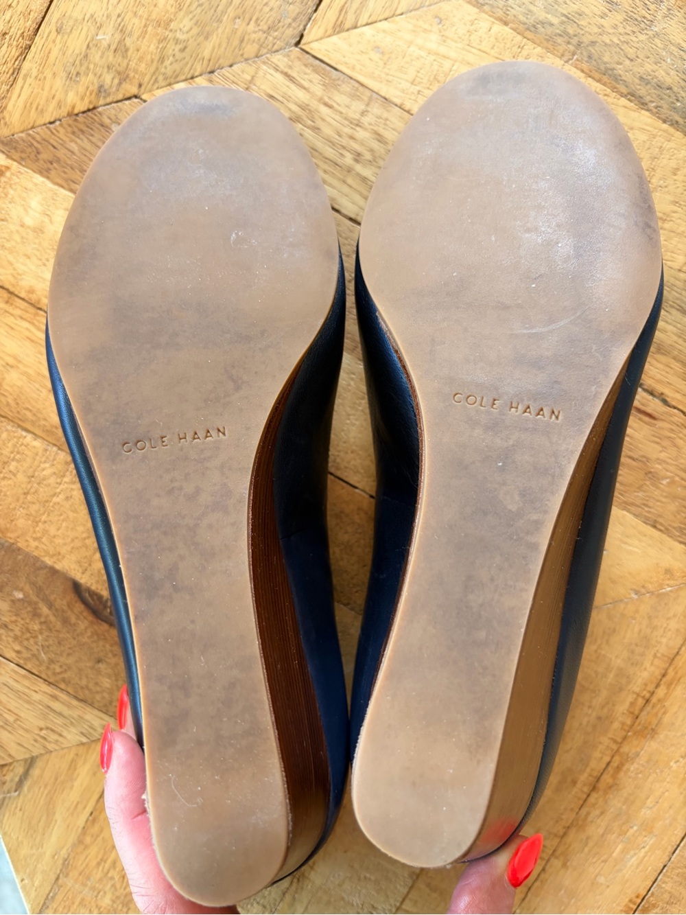 Cole Haan Navy Leather Bow Toe Pumps with Gold Accent - Picture 4 of 5
